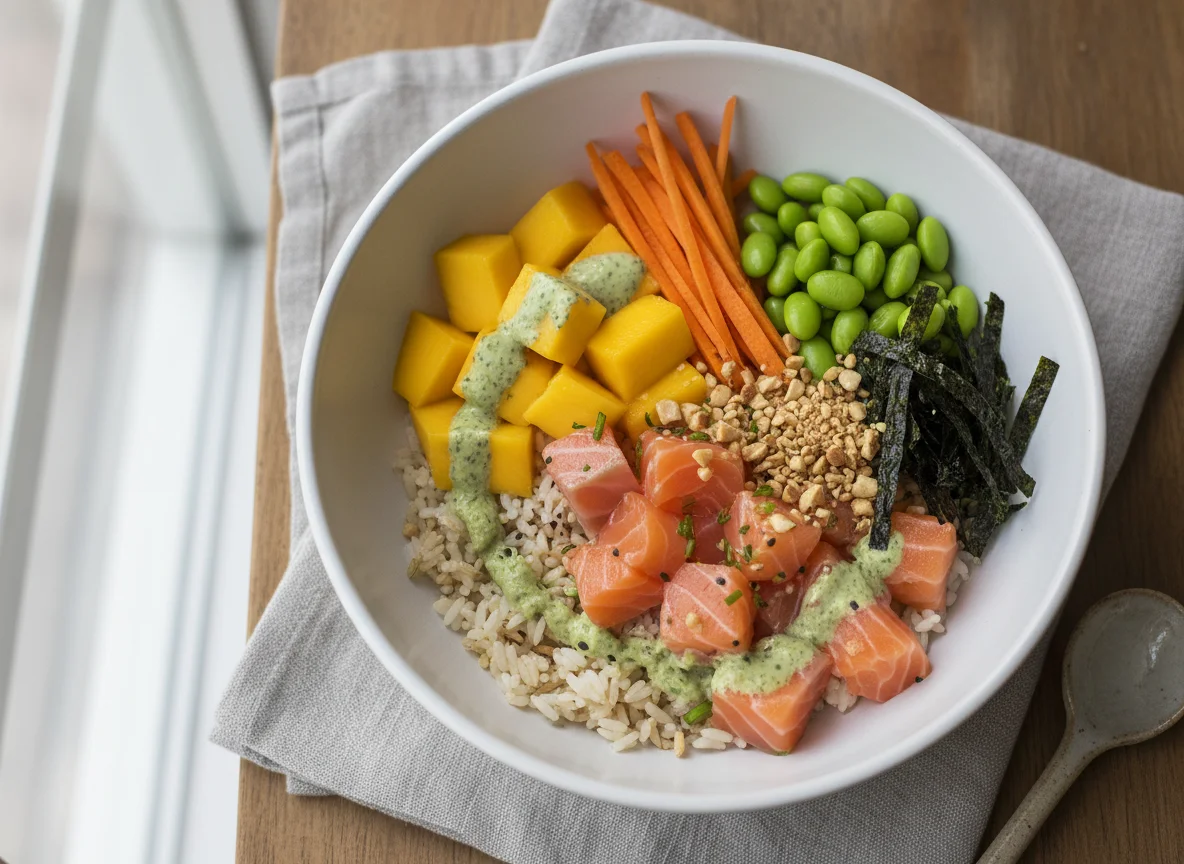 Poke Bowl mit Lachs und Mango photo