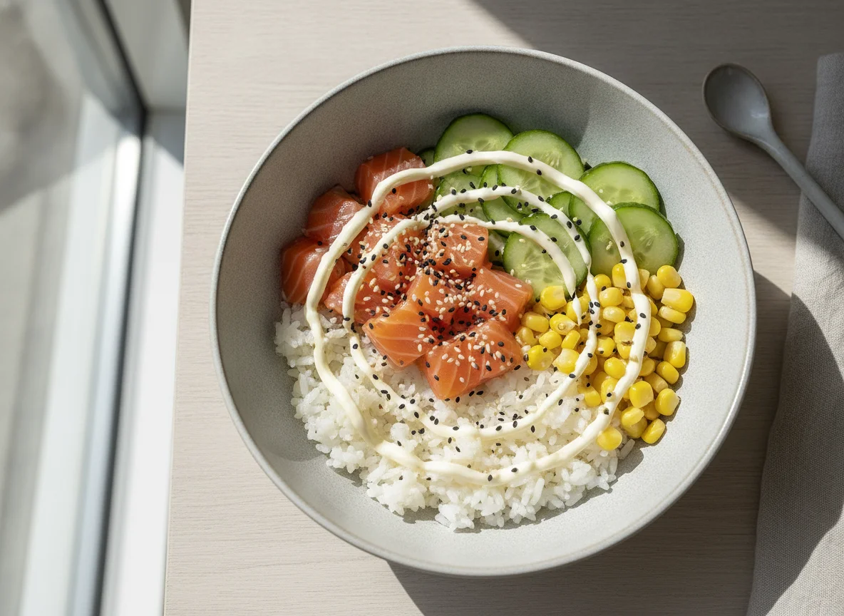 Poke Bowl mit Lachs und Mayonnaise photo