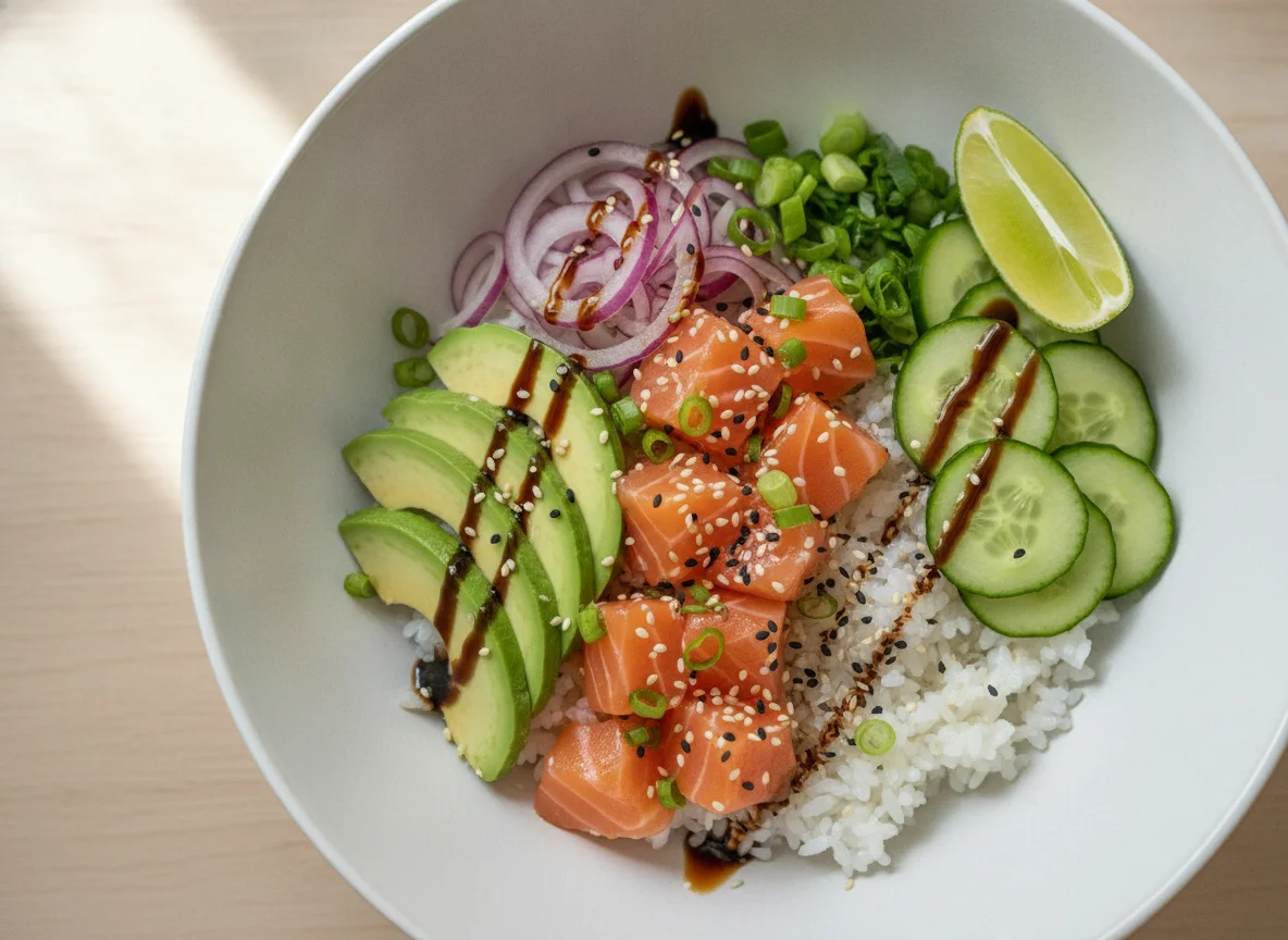 Poke Bowl mit Lachs und Reis photo