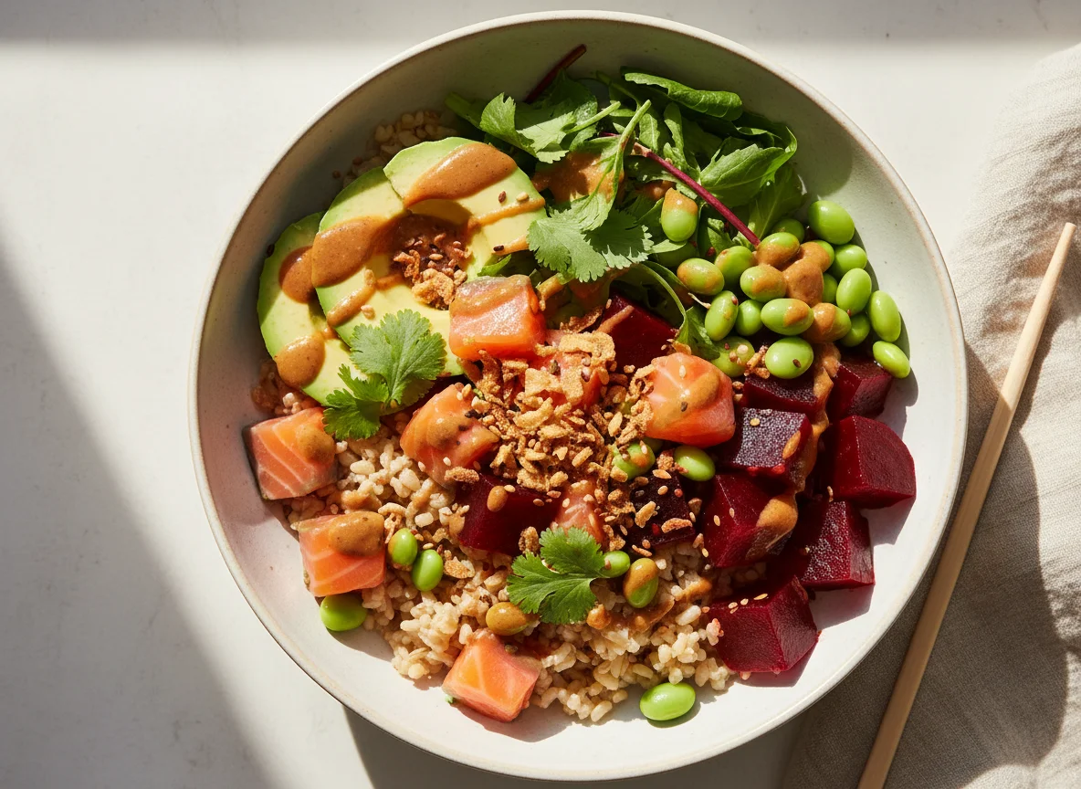 Poke Bowl mit Lachs und Roter Bete photo