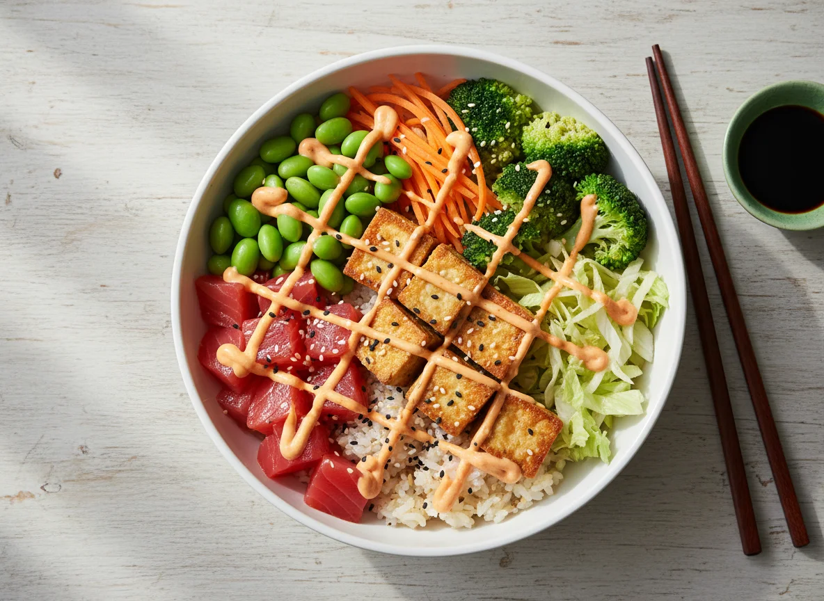 Poke Bowl mit Lachs und Tofu photo