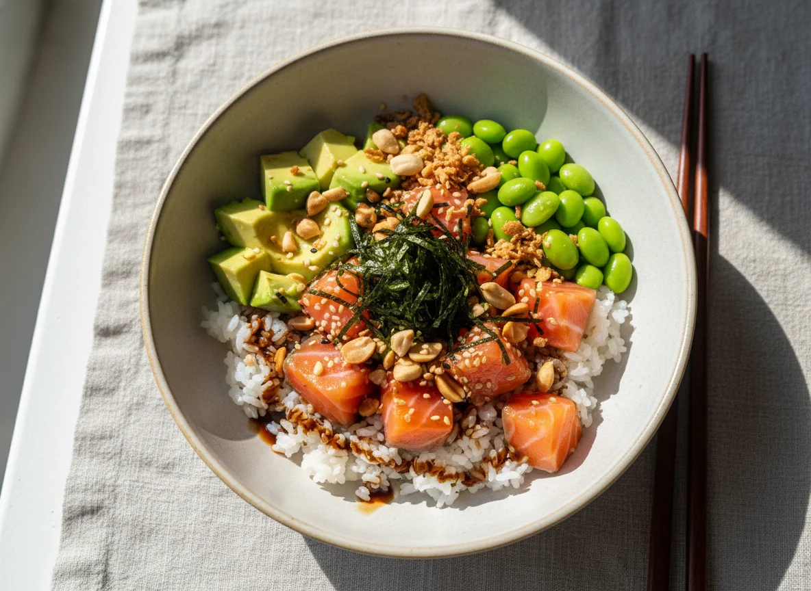 Poke Bowl mit Lachs und verschiedenen Toppings photo