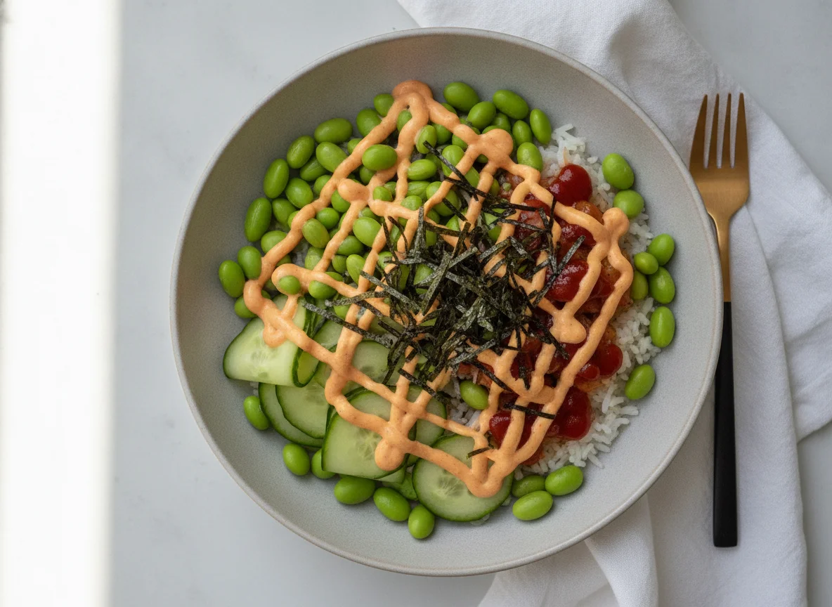 Poke Bowl mit Reis, Edamame und scharfer Sauce photo