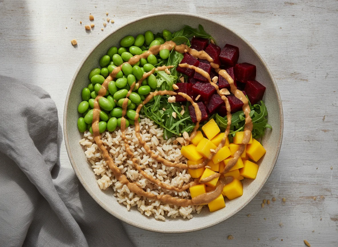Poke Bowl mit Reis und Edamame photo