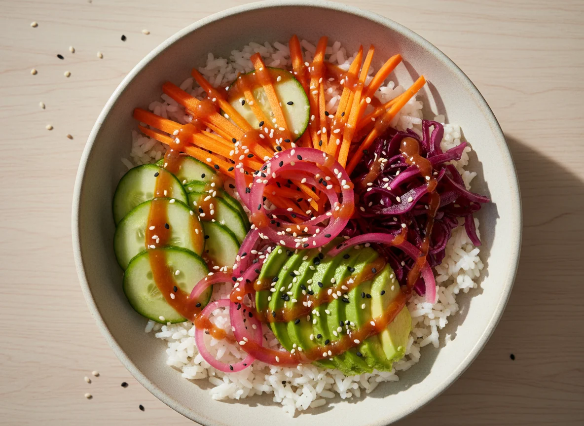Poke Bowl mit Reis und Gemüse photo