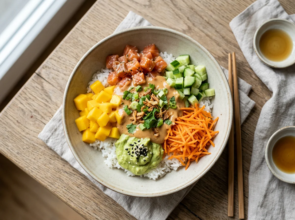 Poke Bowl mit Reis und verschiedenen Toppings photo