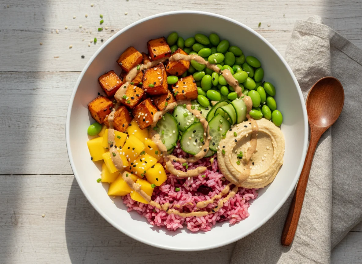 Poke Bowl mit Süßkartoffeln und Sesamsauce photo