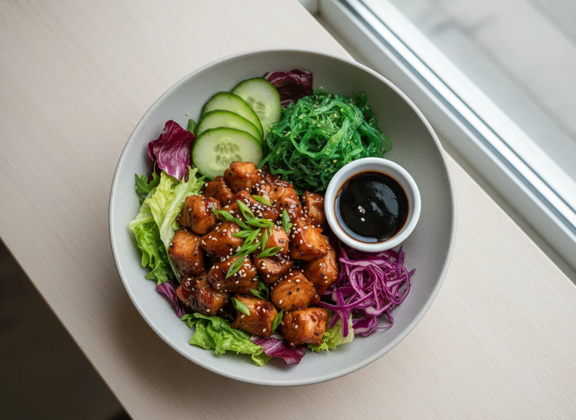 Poke Bowl mit Teriyaki-Hähnchen und Wakame photo