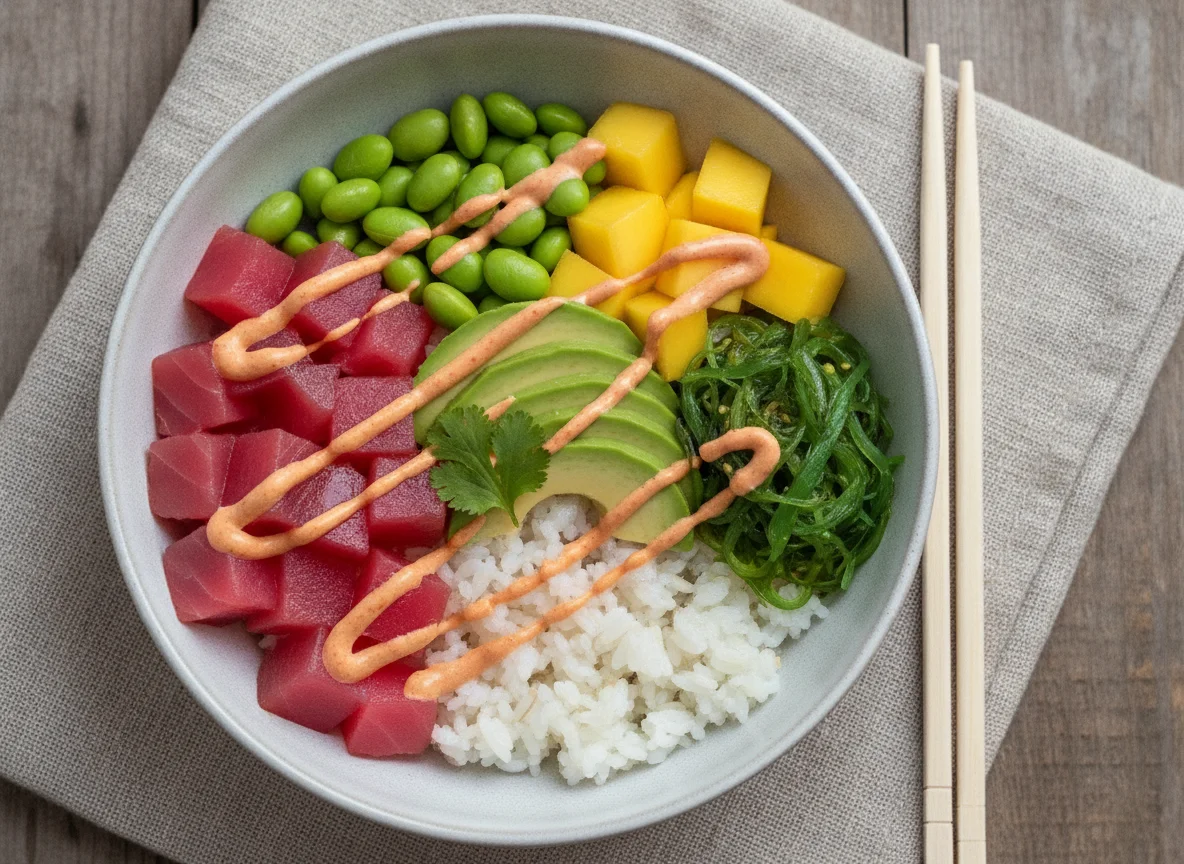 Poke Bowl mit Thunfisch und Edamame photo