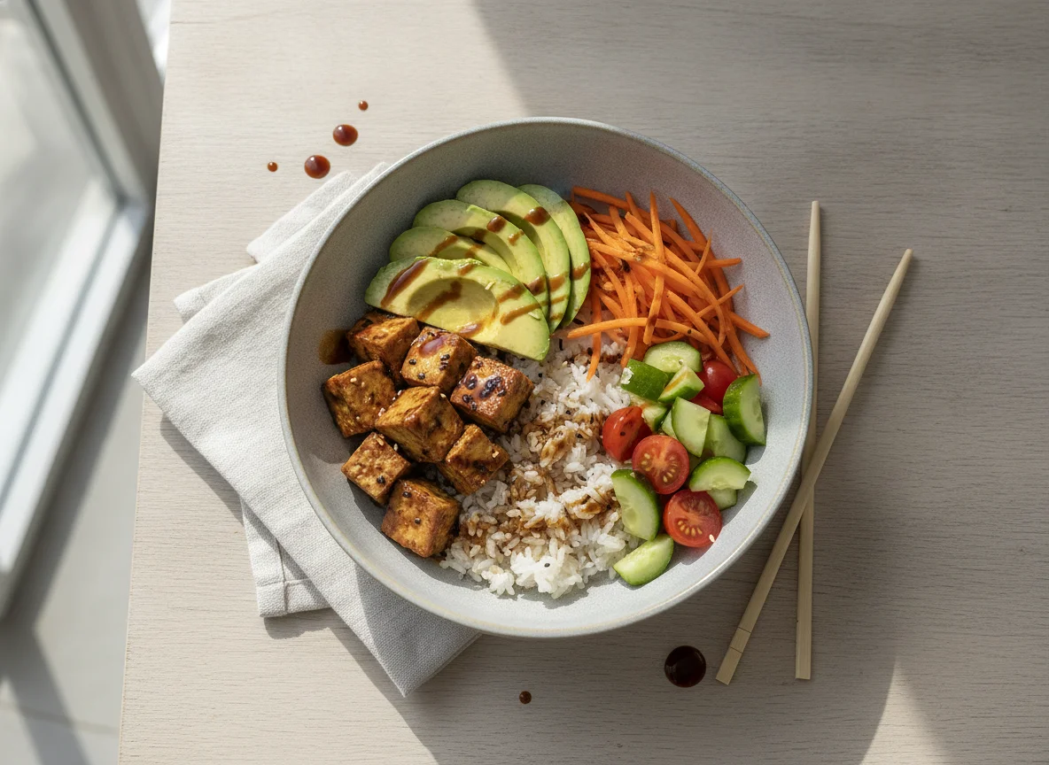 Poke Bowl mit Tofu und Avocado photo