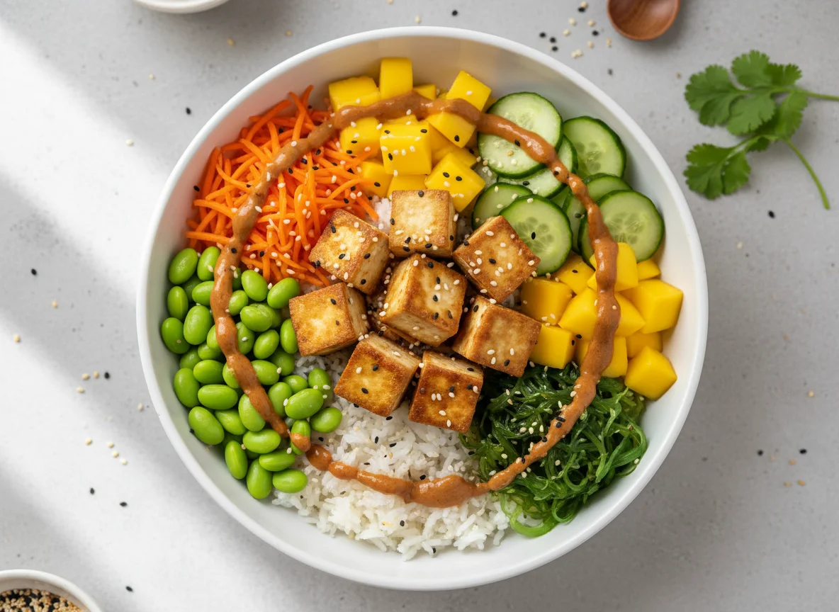 Poke Bowl mit Tofu und Erdnusssauce photo