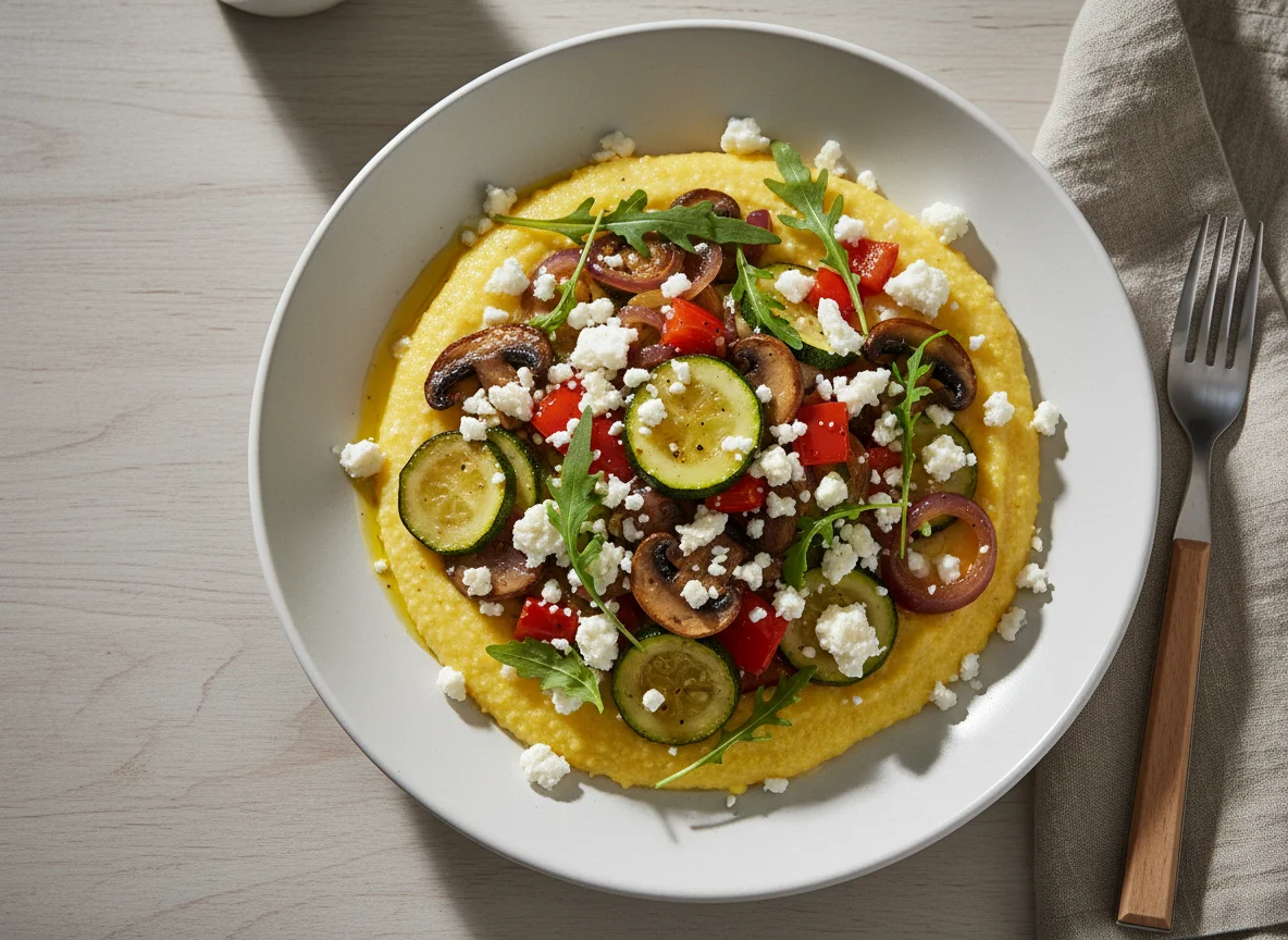 Polenta mit Feta und Pilz-Gemüse-Mischung photo