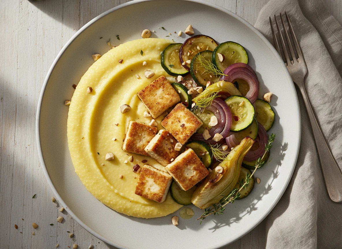 Polenta mit gebratenem Tofu und Gemüse photo