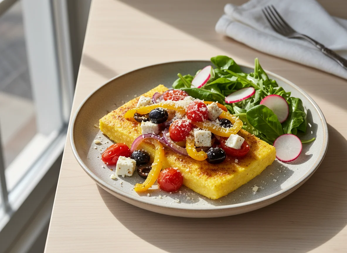 Polenta mit Gemüse, Feta und Salat photo