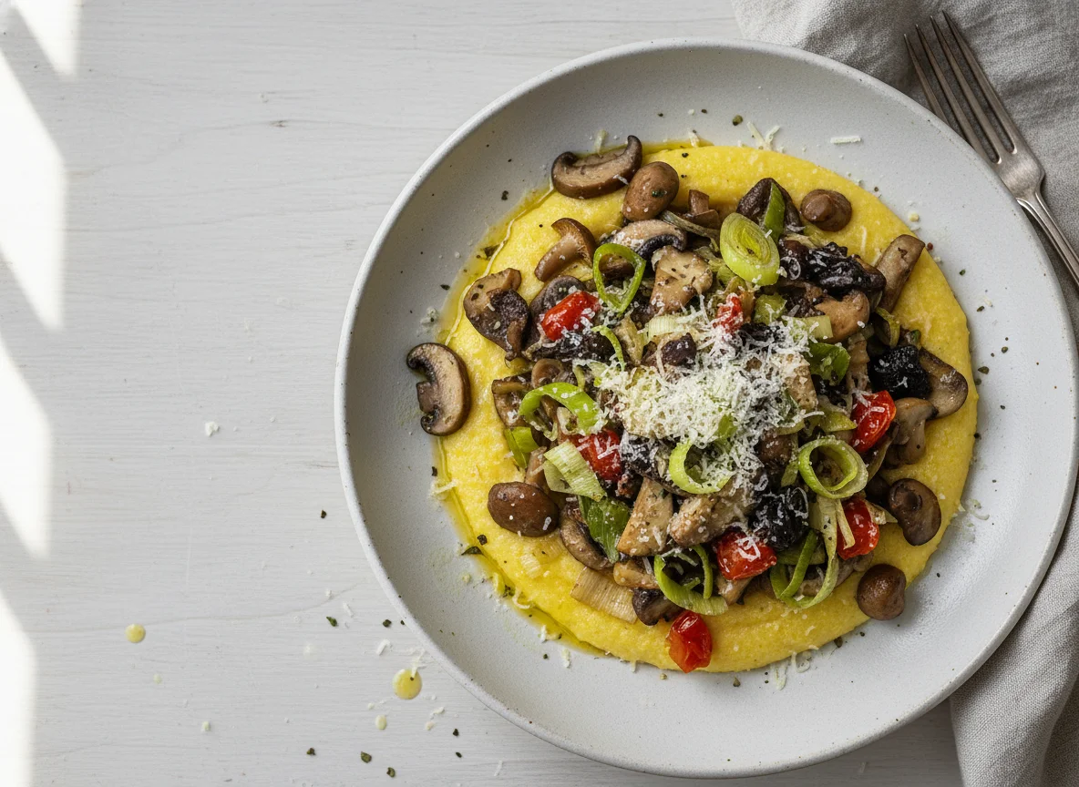 Polenta mit Pilz-Lauch-Gemüse und Parmesan photo
