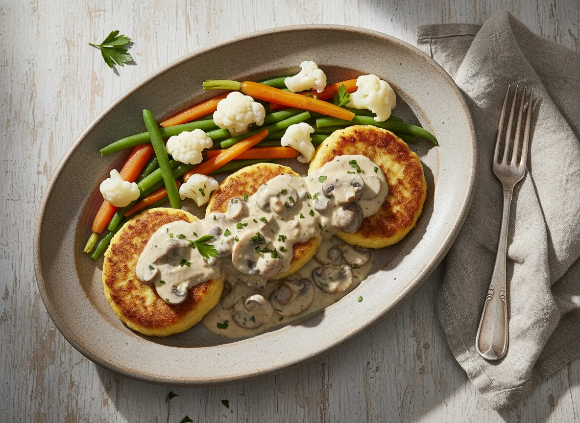 Polenta-Küchlein mit Pilzrahmsauce und Gemüse photo