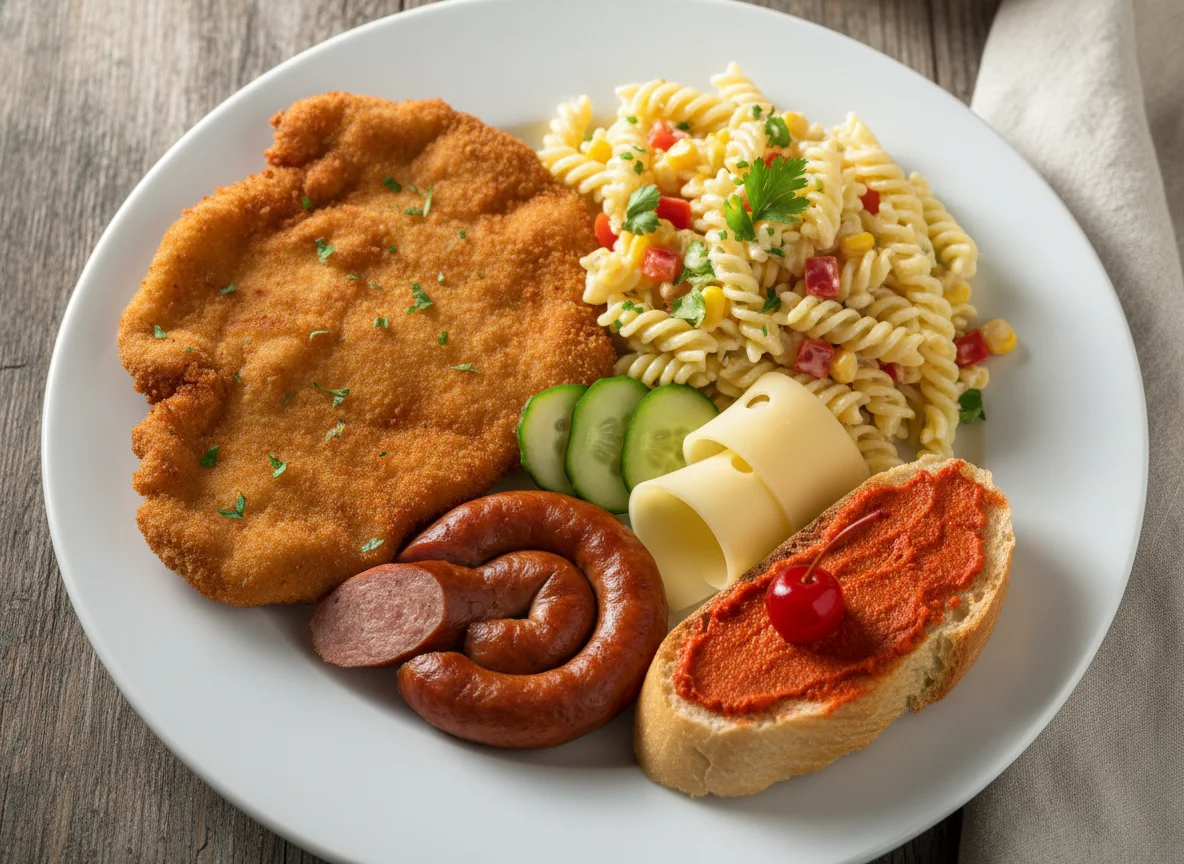 Polnischer gemischter Teller mit Schnitzel, Nudelsalat und Kabanos photo