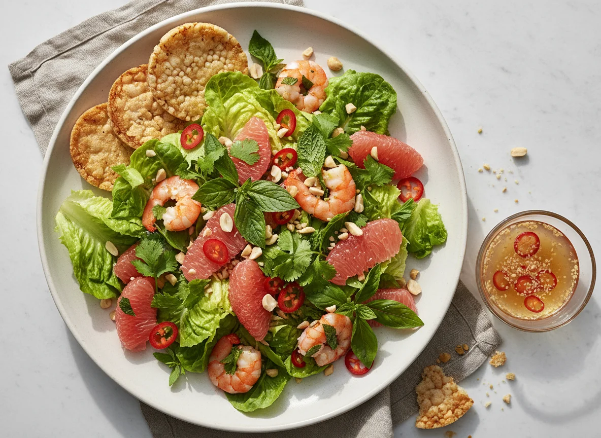Pomelo-Salat mit Garnelen und Kräutern photo