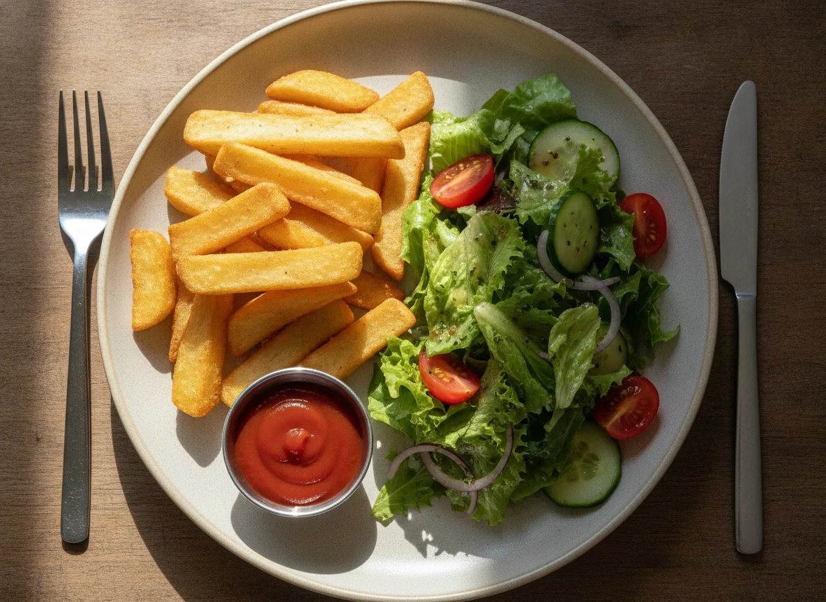 Pommes frites mit Beilagensalat photo