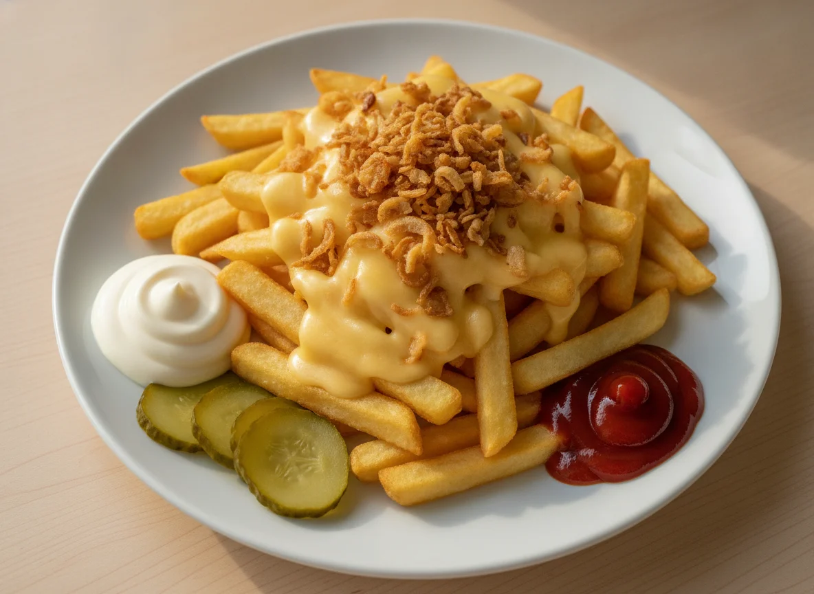 Pommes Frites mit Käse und Soßen photo