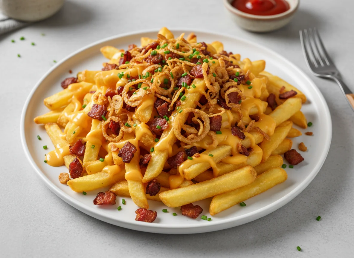 Pommes Frites mit Käsesauce, Speck und Röstzwiebeln photo