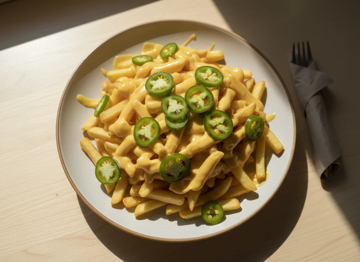 Pommes Frites mit Käsesauce und Jalapeños photo