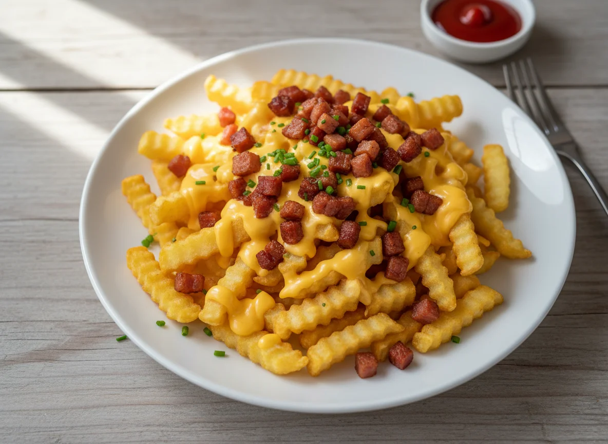 Pommes Frites mit Käsesauce und Speck photo