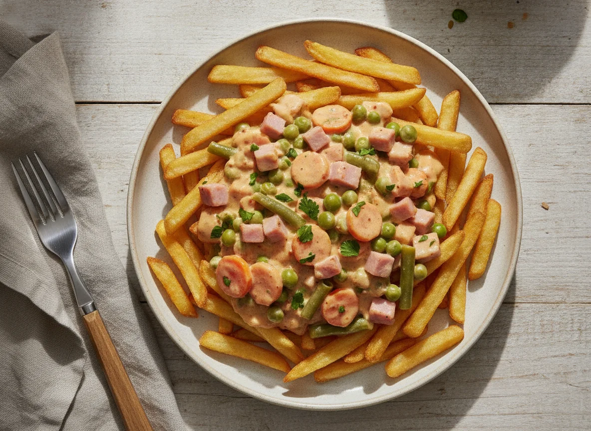 Pommes Frites mit Schinken und Gemüse in Sauce photo
