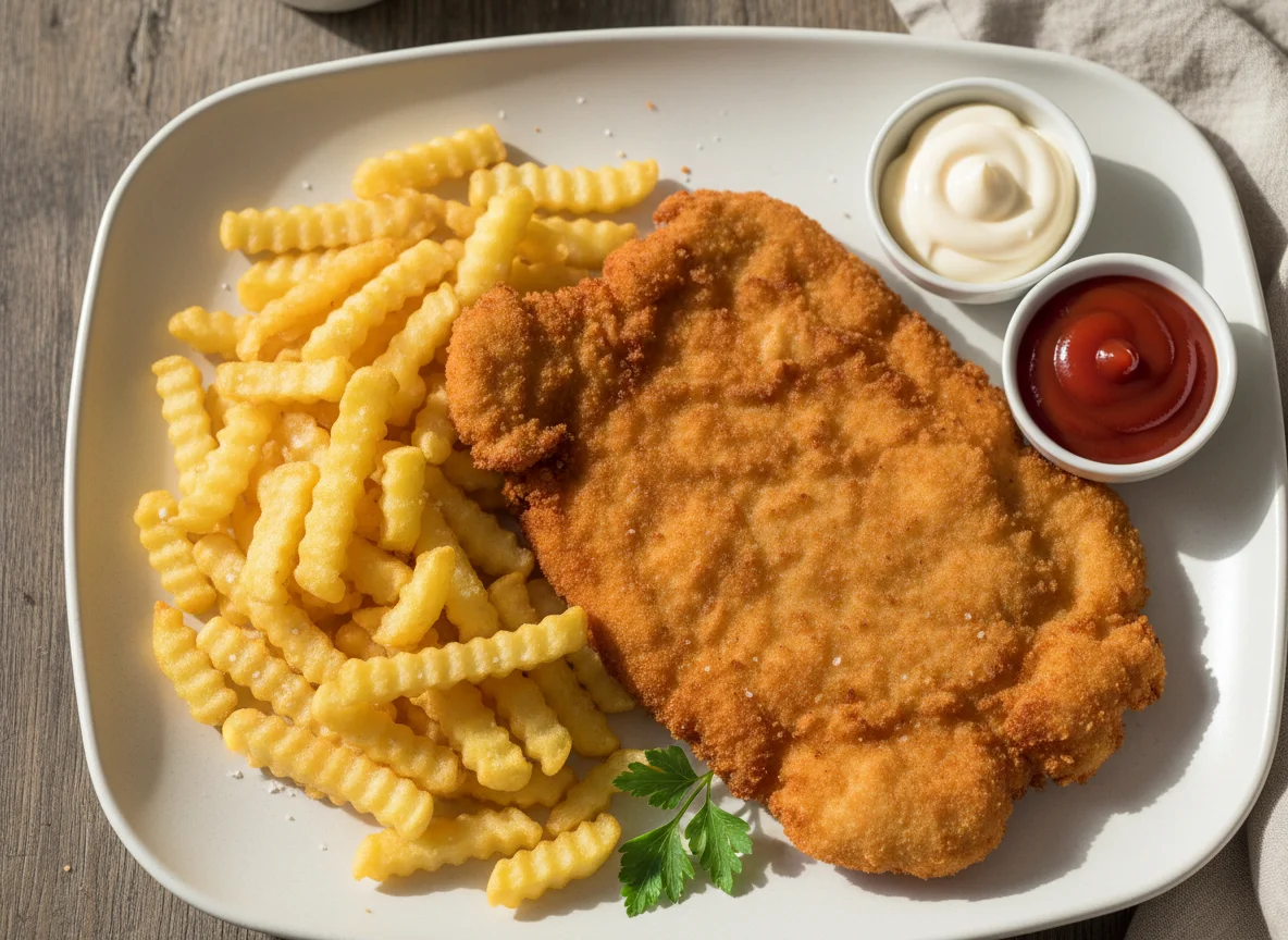 Pommes Frites mit Schnitzel und Saucen photo