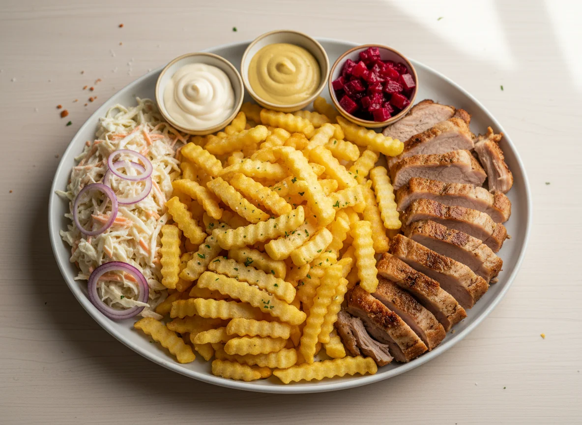 Pommes mit Fleisch, Krautsalat und Saucen photo