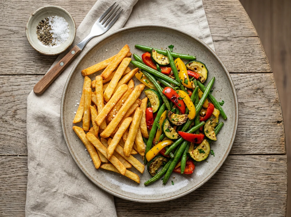 Pommes mit gebratenem Gemüse photo