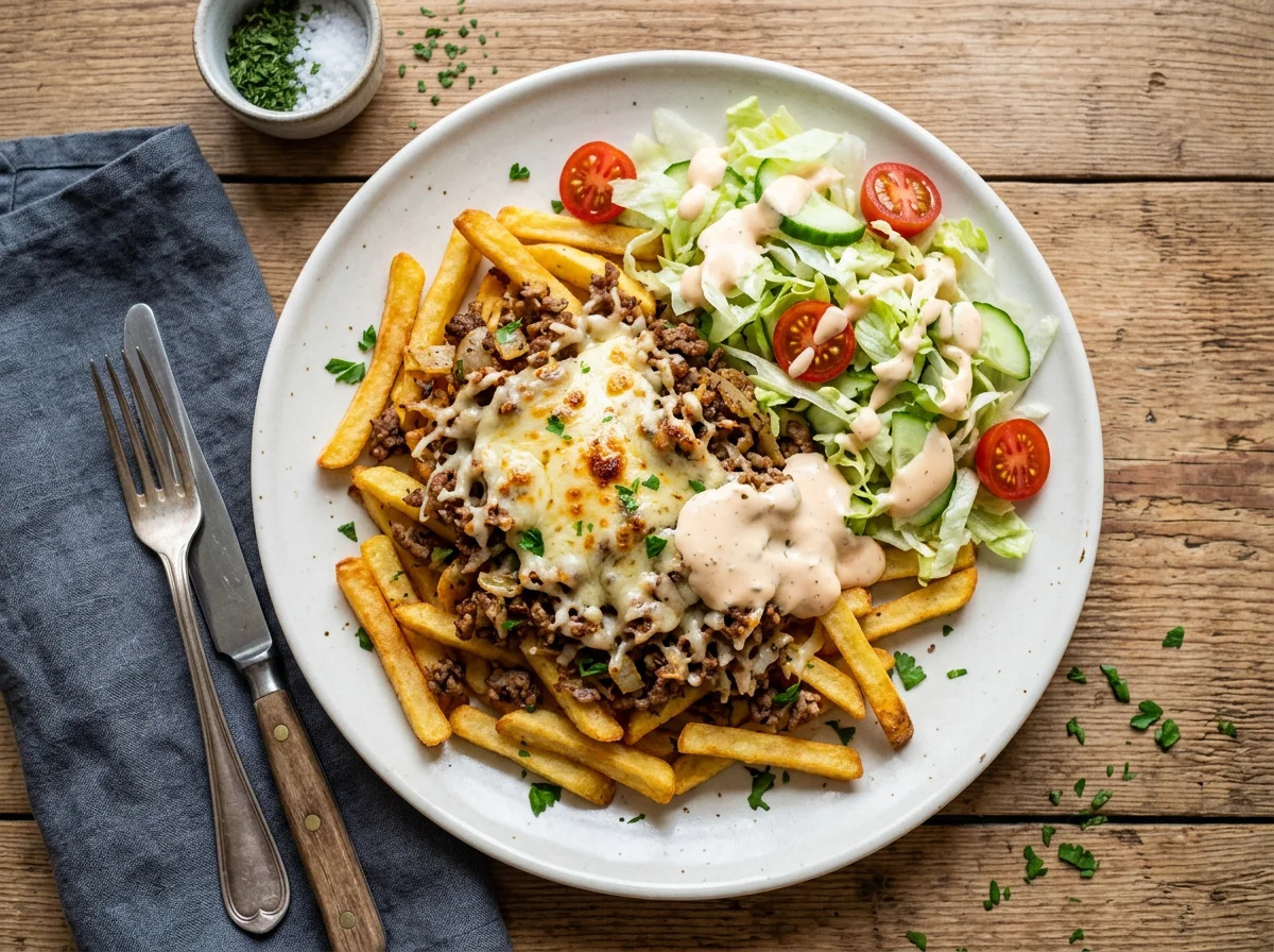 Pommes mit Hackfleisch und Käse photo