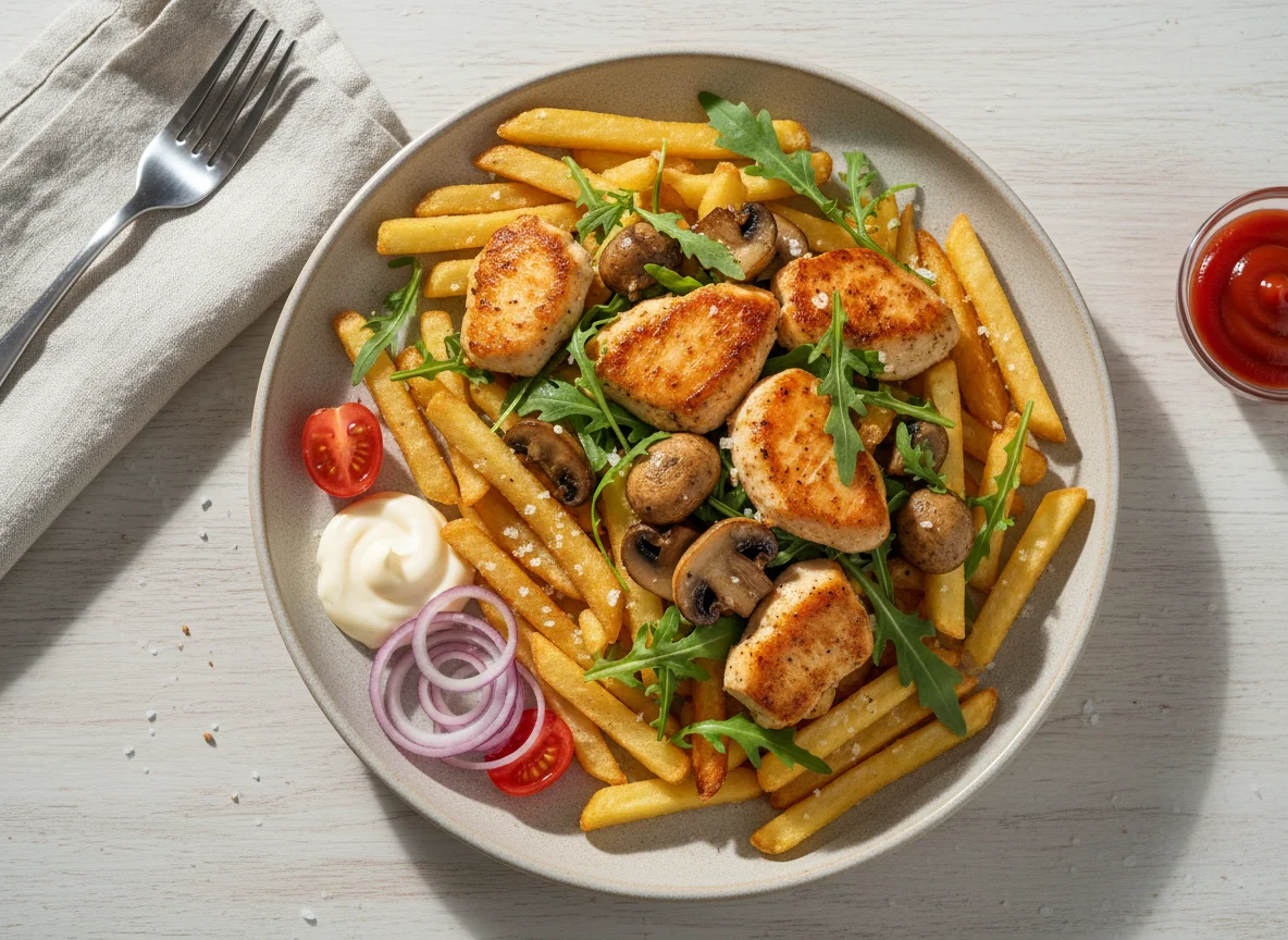 Pommes mit Hähnchen, Pilzen und Rucola photo
