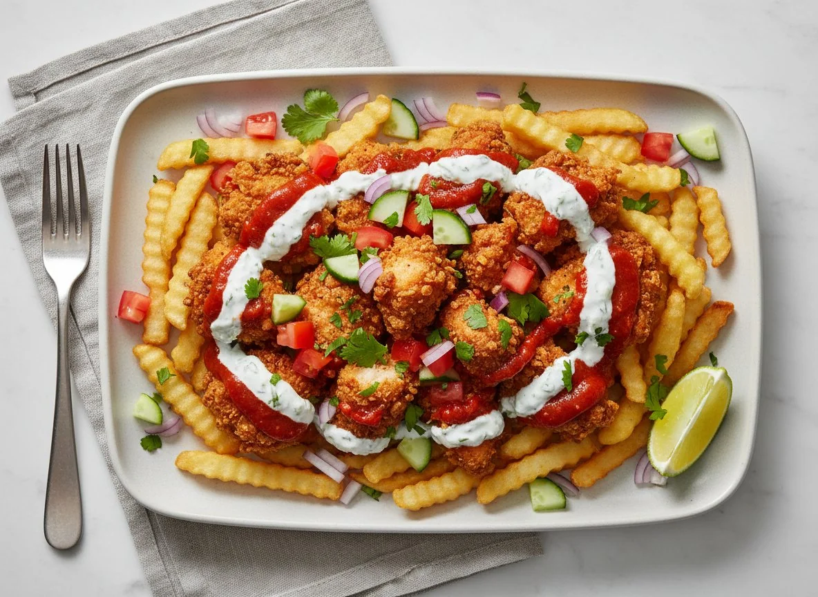 Pommes mit Hähnchen und Saucen photo