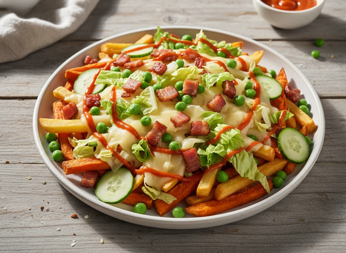 Pommes mit Käse, Speck, Erbsen und Salat photo