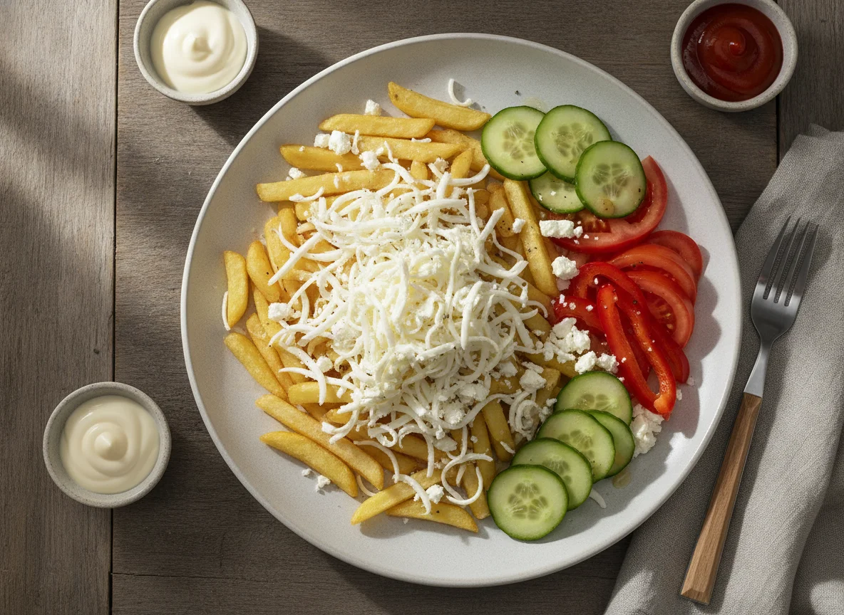 Pommes mit Käse und Salat photo