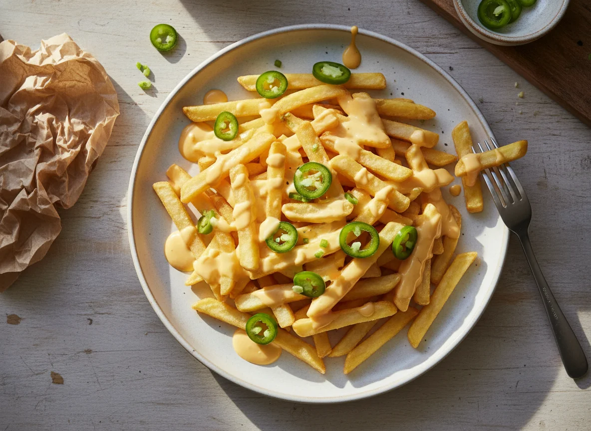 Pommes mit Käsesauce und Jalapeños photo
