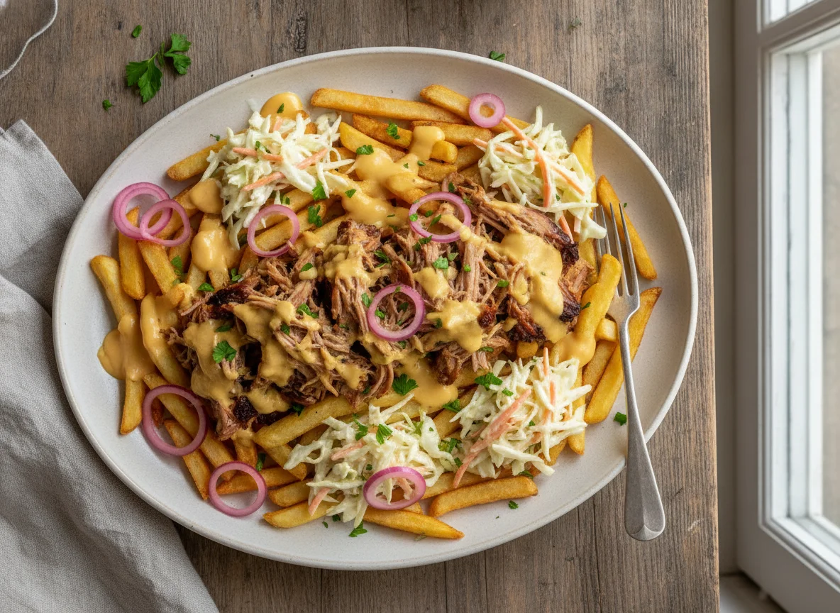 Pommes mit Pulled Pork, Käsesauce und Krautsalat photo