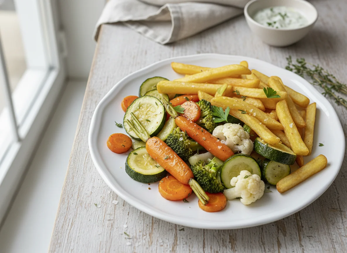 Pommes und Ofengemüse photo