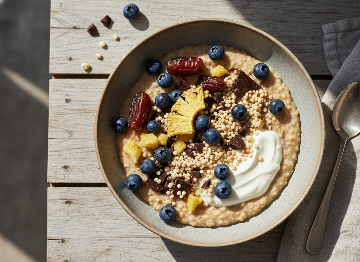 Porridge mit Beeren, Früchten und Schokolade photo