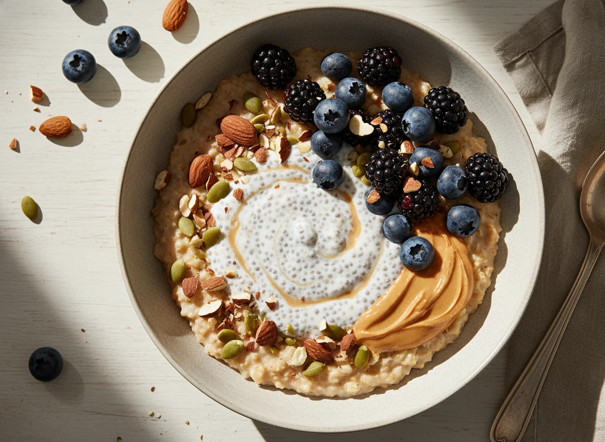 Porridge mit Beeren, Nüssen und Erdnussbutter photo