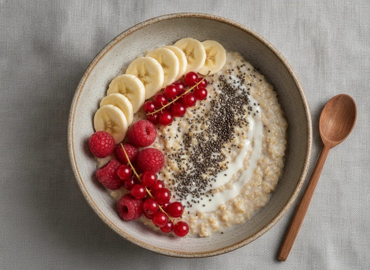 Porridge mit Mandelmilch und Chiasamen photo
