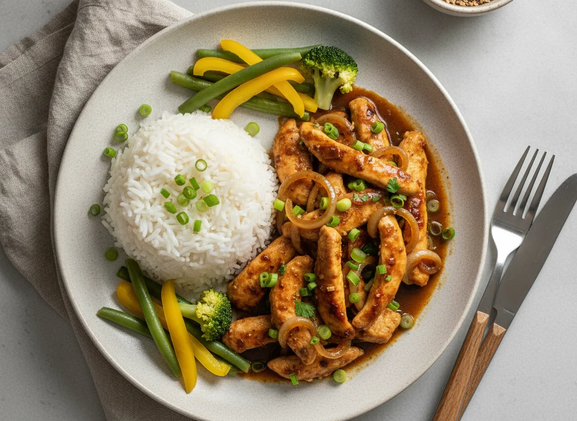 Poulet Geschnetzeltes mit Reis und Gemüse photo