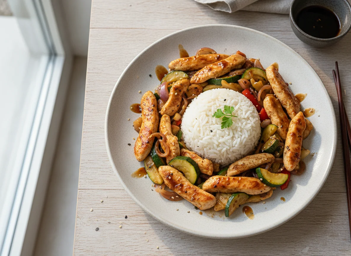 Poulet mit Gemüse und Reis photo
