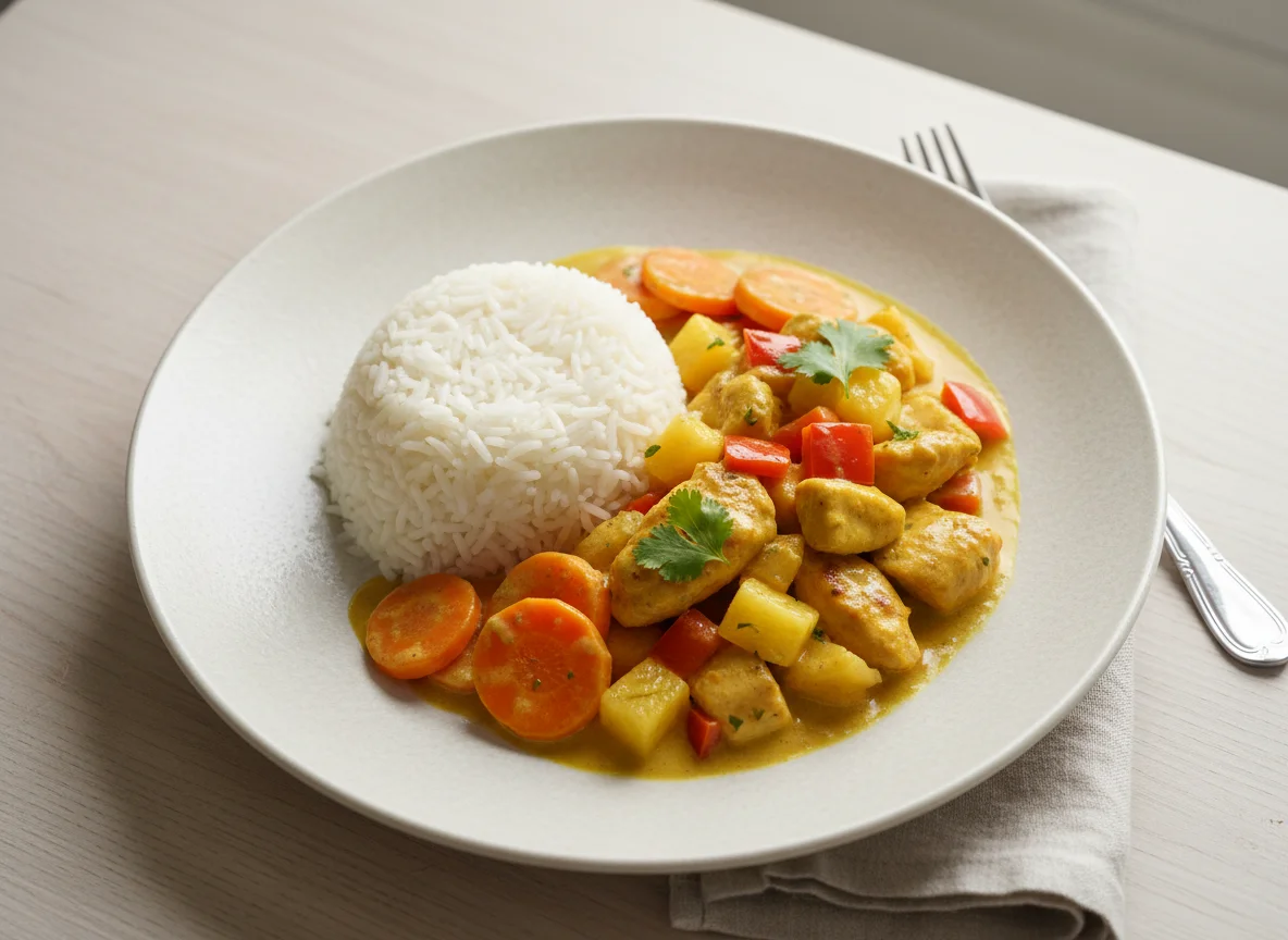 Poulet-Curry mit Reis, Karotten und Früchten photo