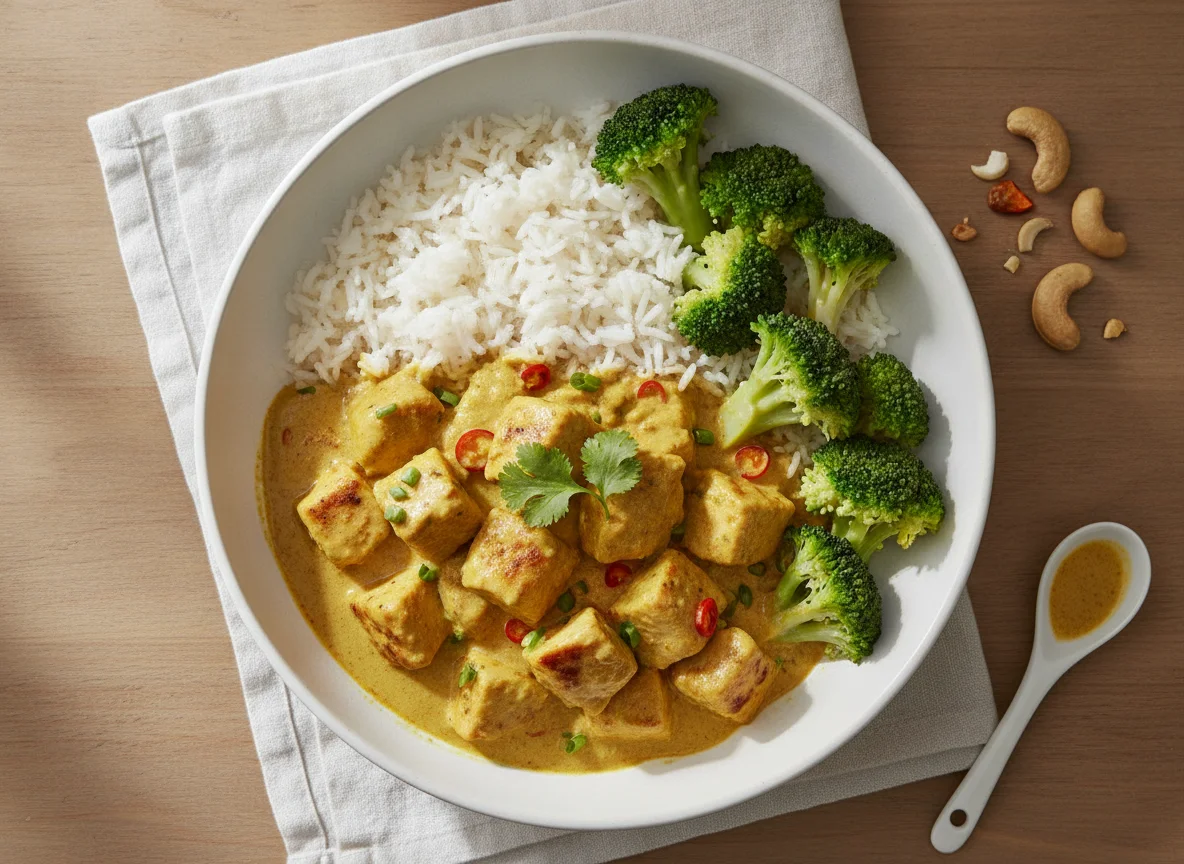 Poulet-Curry mit Reis und Brokkoli photo