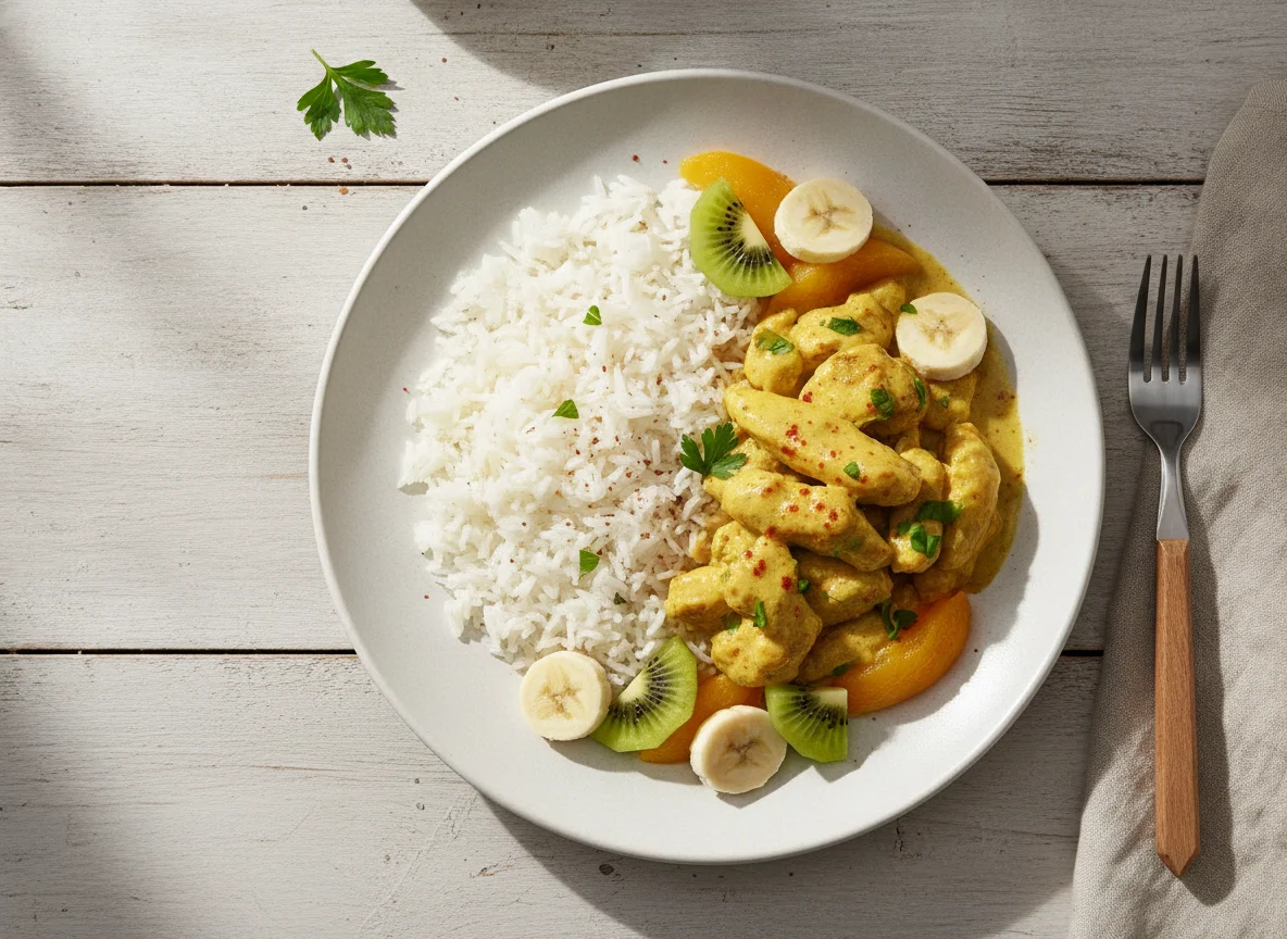 Poulet-Curry mit Reis und Früchten photo