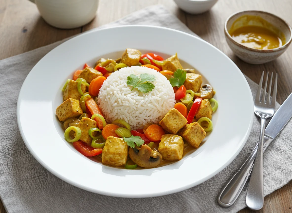 Poulet-Curry mit Reis und Gemüse photo