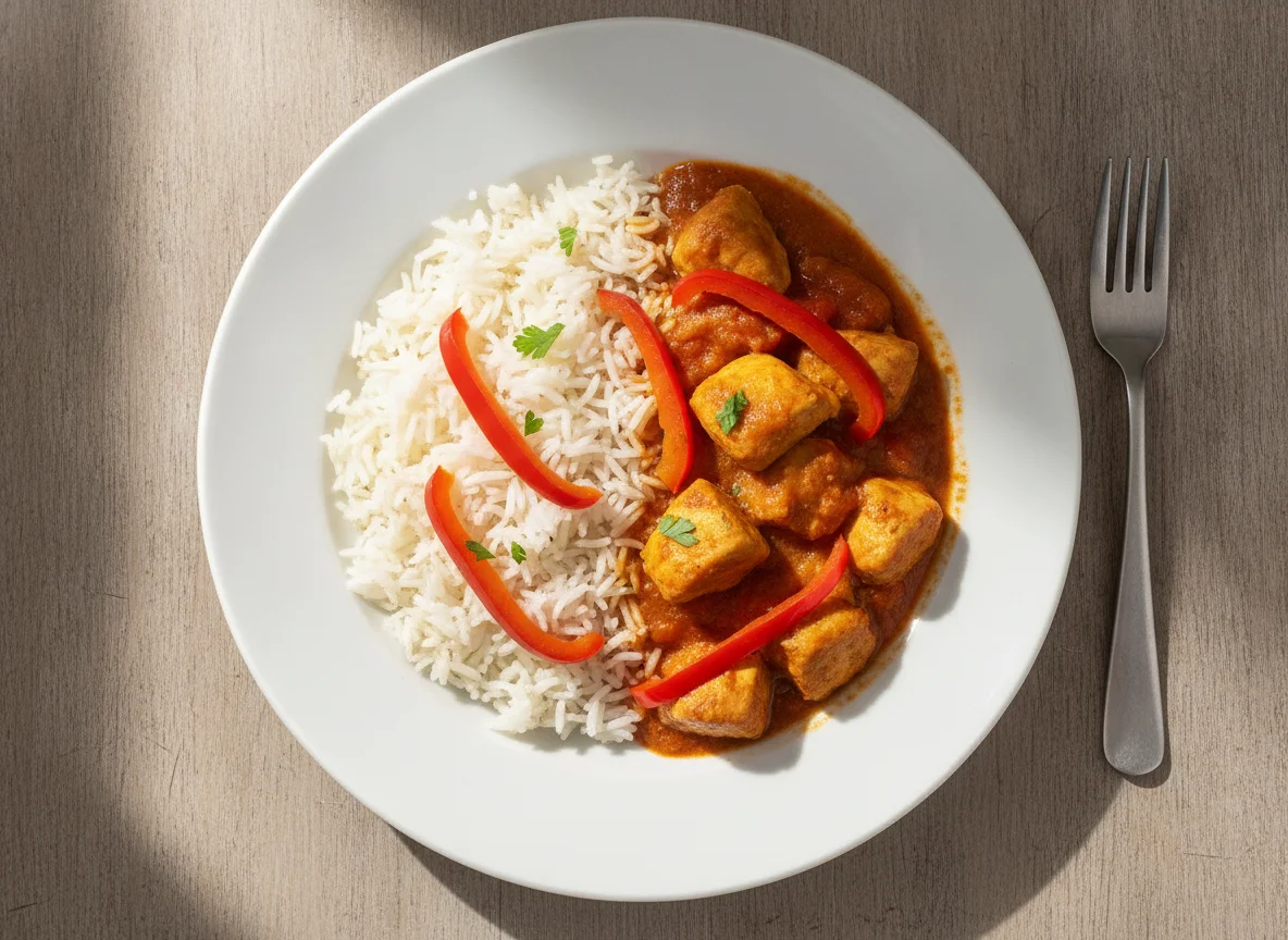 Poulet-Curry mit Reis und Peperoni photo