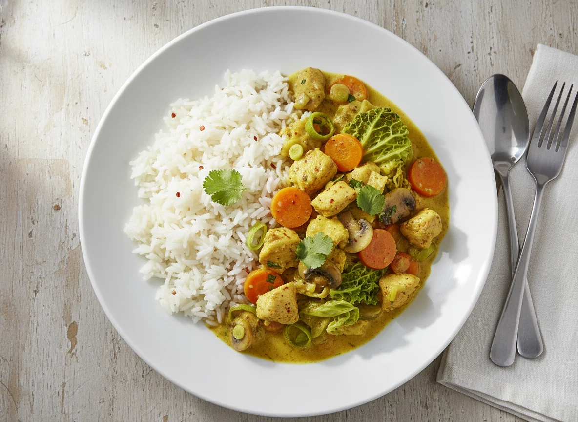 Poulet-Gemüse-Curry mit Reis photo